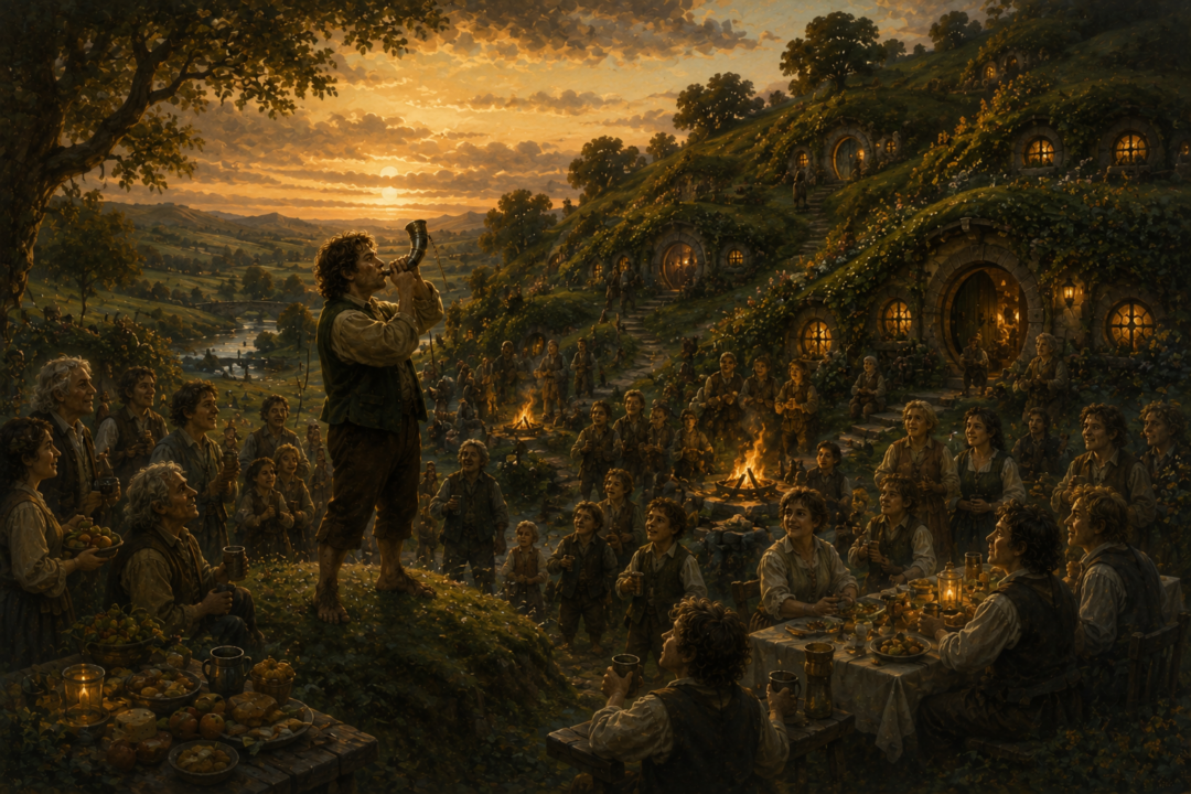 Bucklanders celebrating with bonfires as the Horn of the Mark is sounded near Brandy Hall.