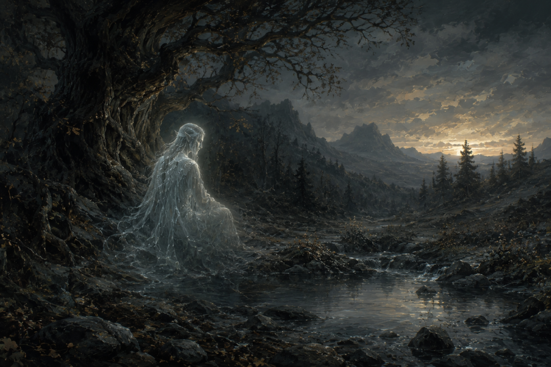 Houseless Elven spirit lingering beside an ancient tree and spring in Middle-earth
