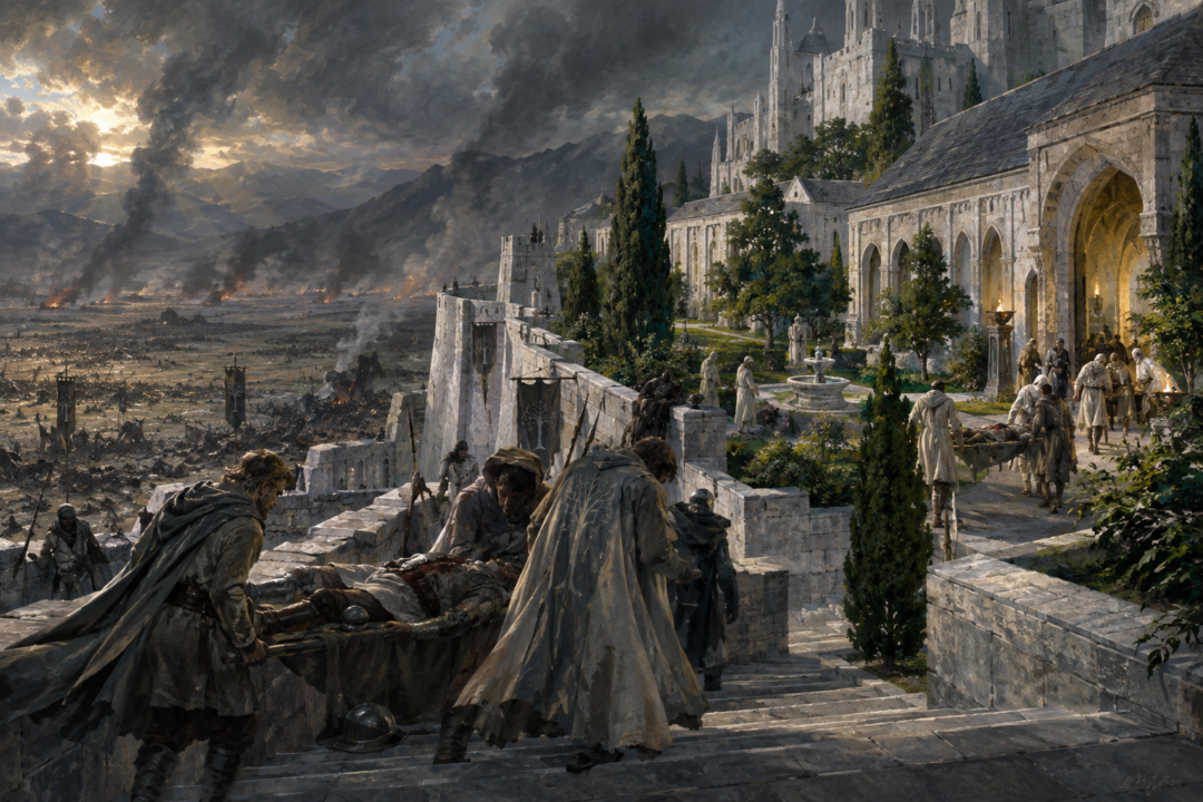 Wounded soldiers being carried into the Houses of Healing in Minas Tirith after the Battle of the Pelennor Fields.