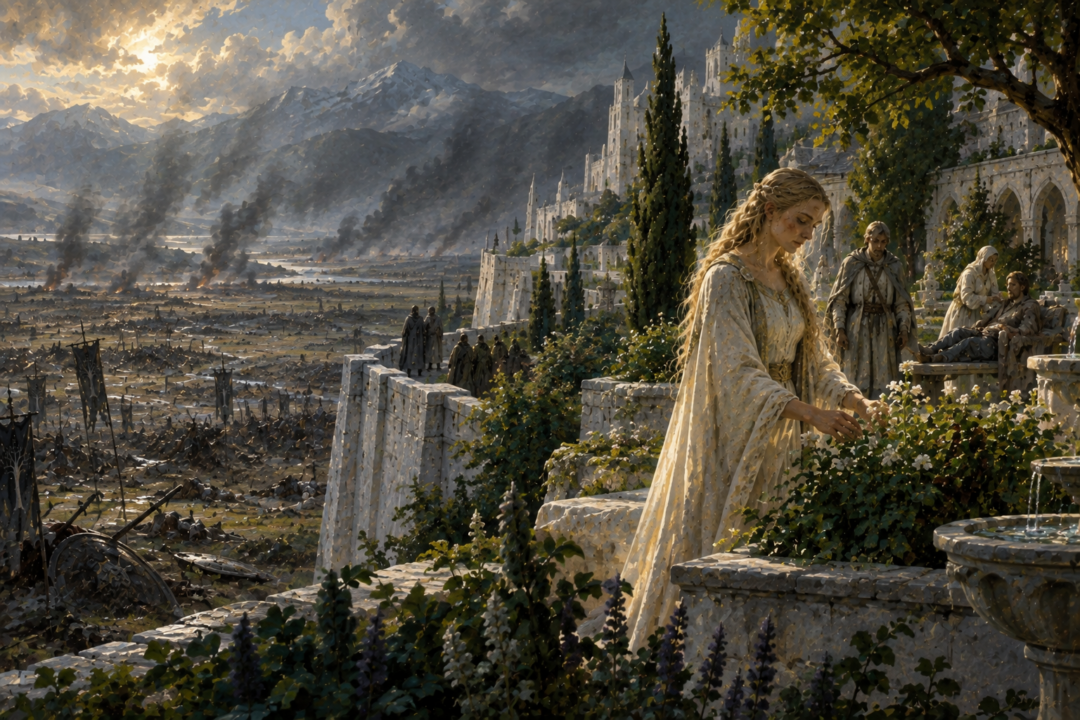The peaceful gardens of the Houses of Healing contrasted with the scarred Pelennor battlefield beyond Minas Tirith.