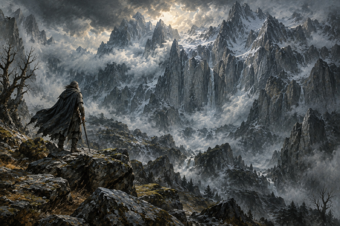 Húrin searching the Encircling Mountains for the hidden way back into Gondolin