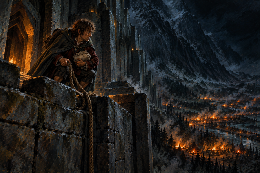 Elven sentinels searching with lanterns after invisible Bilbo makes a splash while crossing toward the besiegers' camp.