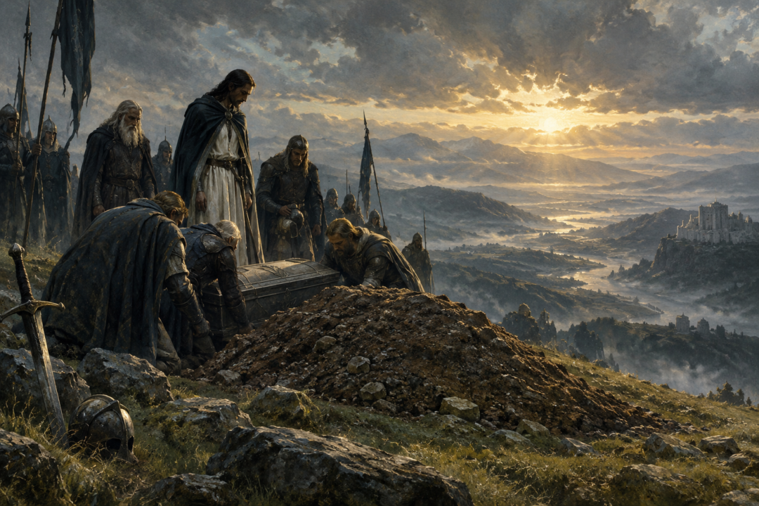 Isildur and his companions preparing Elendil's hidden burial mound on the summit of Eilenaer.