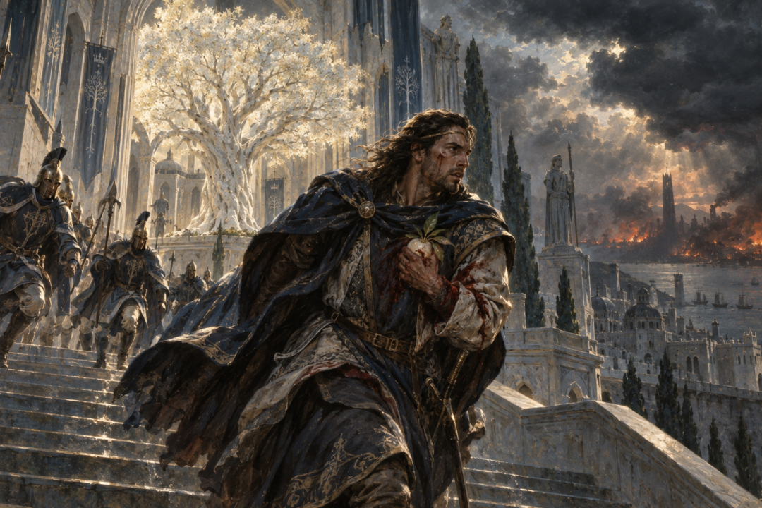Wounded Isildur escaping with a fruit of Nimloth the White Tree in Númenor