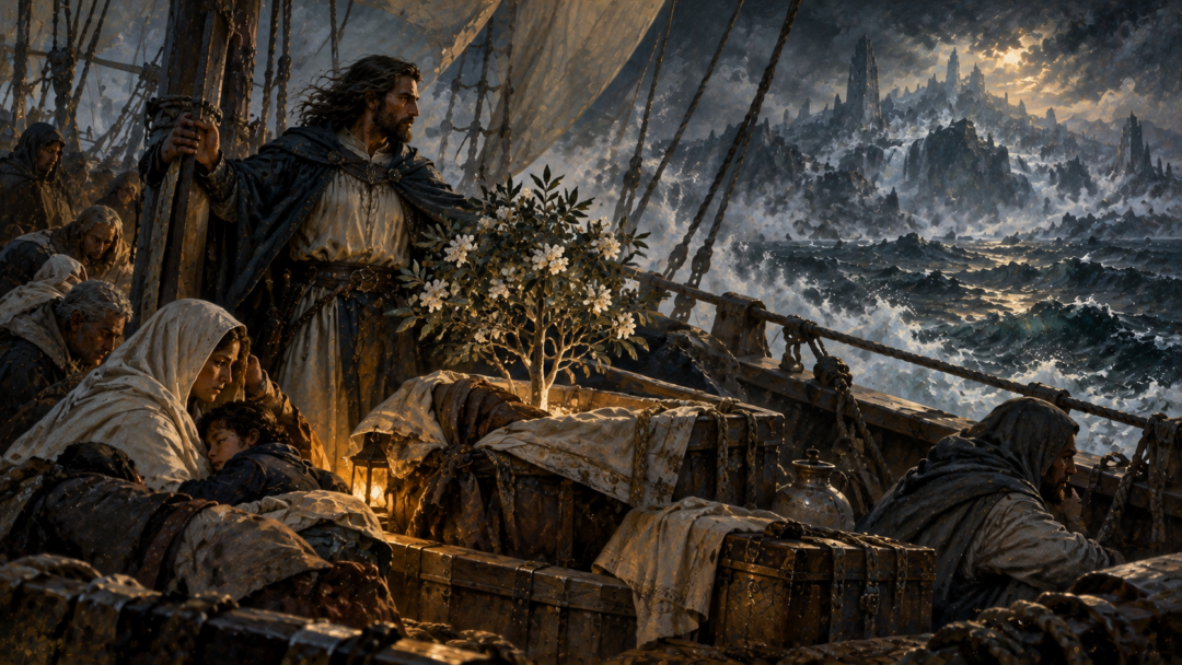 Isildur guards the young scion of Nimloth aboard his ship while escaping the destruction of Númenor.