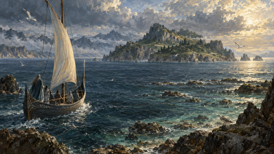 The Isle of Balar across the Bay of Balar as an early Falathrim ship approaches its shores.