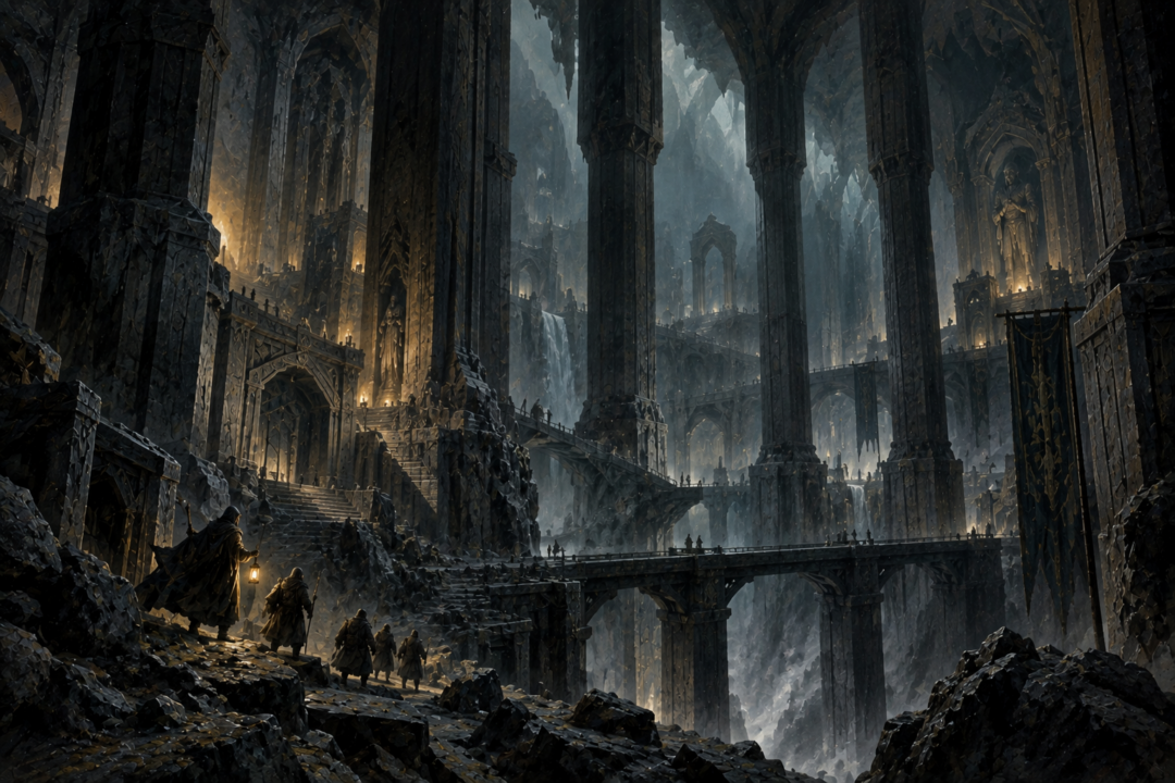 Travellers crossing the immense abandoned pillared halls of Khazad-dûm centuries after the Dwarven kingdom fell
