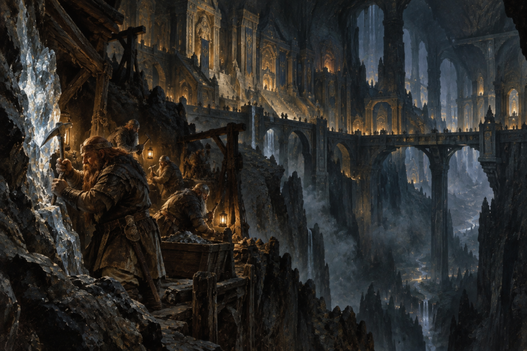 Dwarven miners delve for mithril deep beneath the magnificent ancient halls of Khazad-dûm.