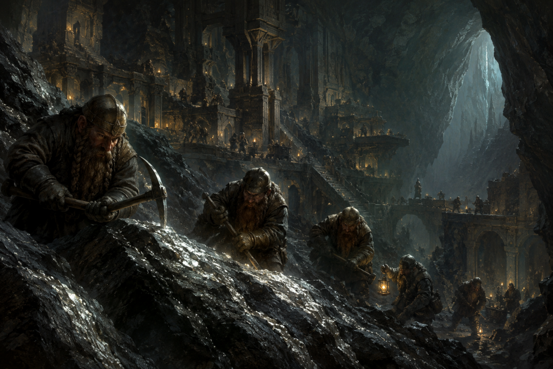 Dwarven miners working a rare mithril vein deep beneath Khazad-dûm near the roots of Caradhras
