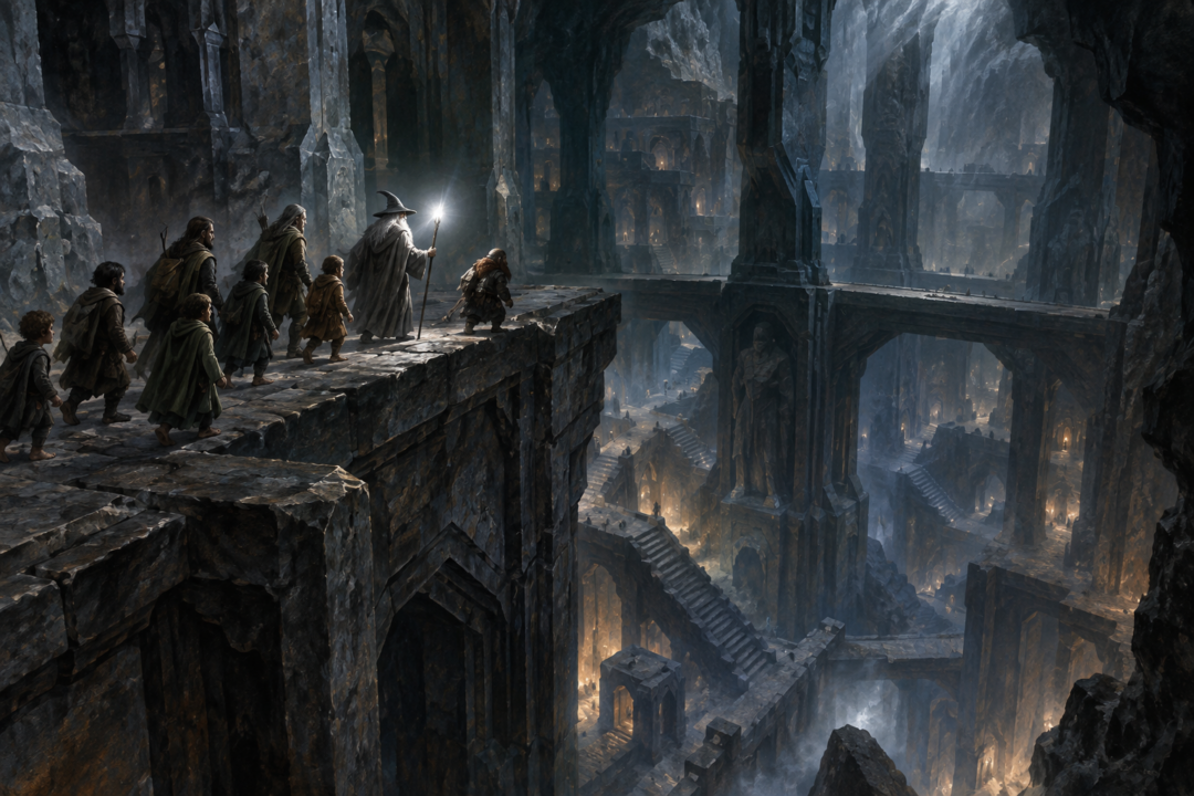 The Fellowship crossing the vast vertically layered halls and stairways of ancient Khazad-dûm.