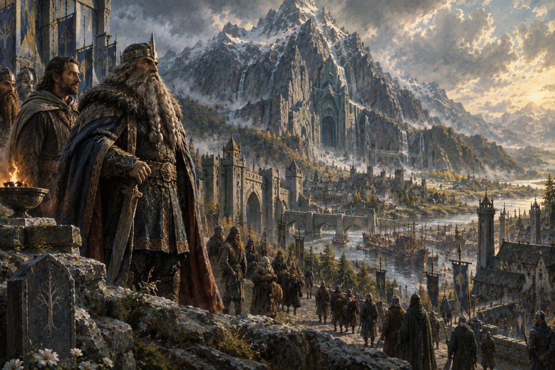 King Dáin Ironfoot overlooking the restored neighboring realms of Erebor and Dale after the Battle of Five Armies.
