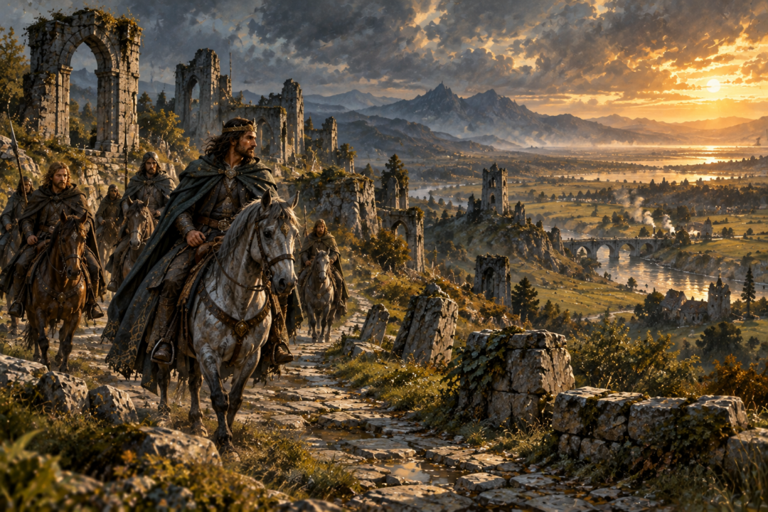 King Elessar and Dúnedain riding along an ancient road through the ruins and green landscape of early Fourth Age Eriador.