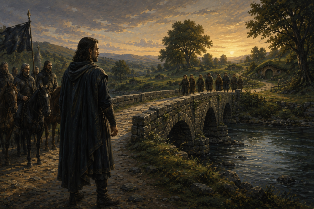 King Elessar stops at the Brandywine Bridge and respects his own law forbidding Men from entering the Shire.