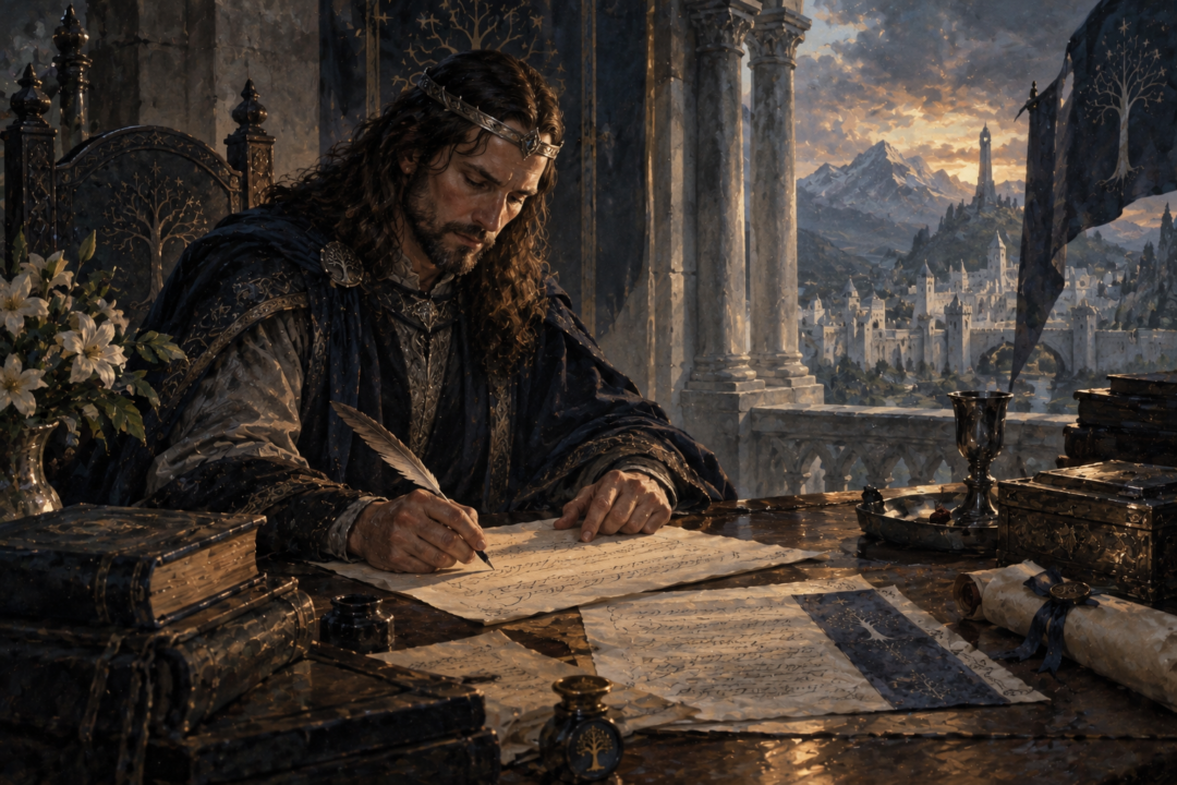 King Elessar writes a personal letter to Samwise Gamgee in a chamber of Minas Tirith.