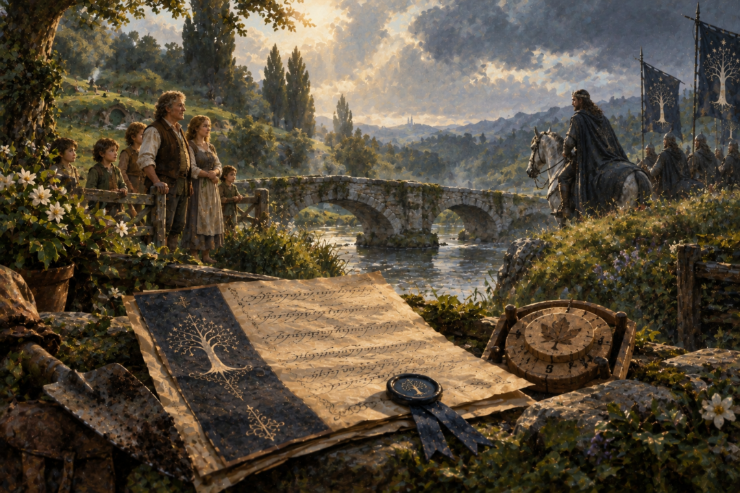 A symbolic view of the King’s Letter, the Baranduin, and Samwise illustrating royal respect for the customs of the Shire.