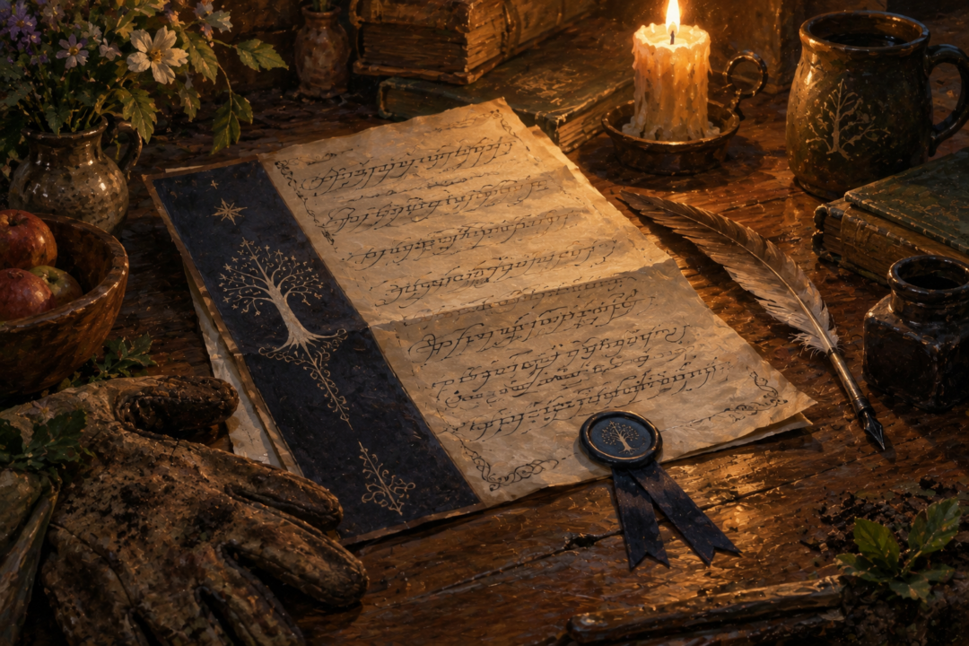 The King’s Letter with elegant calligraphy rests among simple objects on a Shire writing desk.