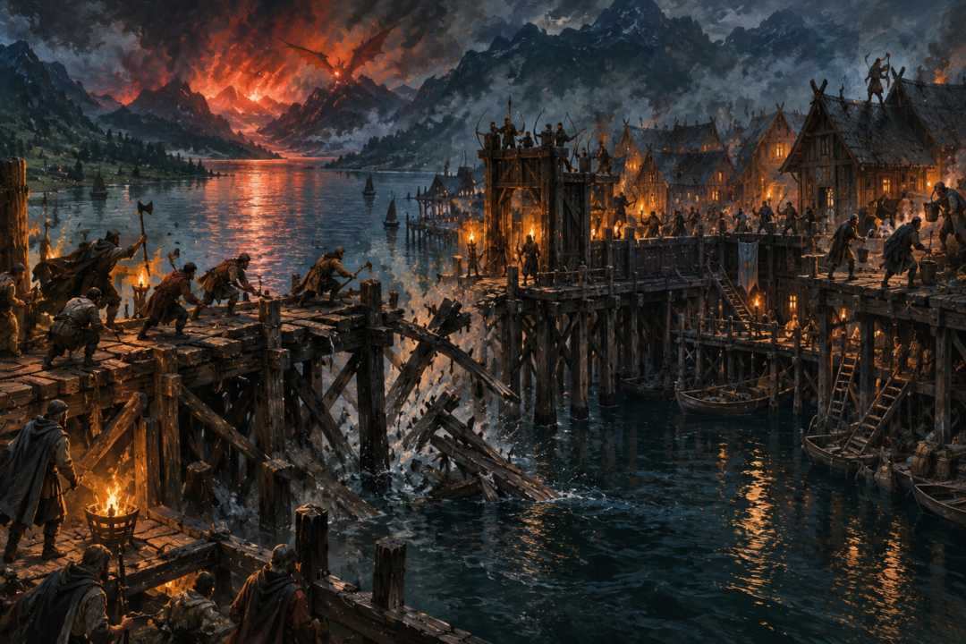Lake-men destroying the wooden bridge to shore as Smaug approaches Esgaroth across the Long Lake.
