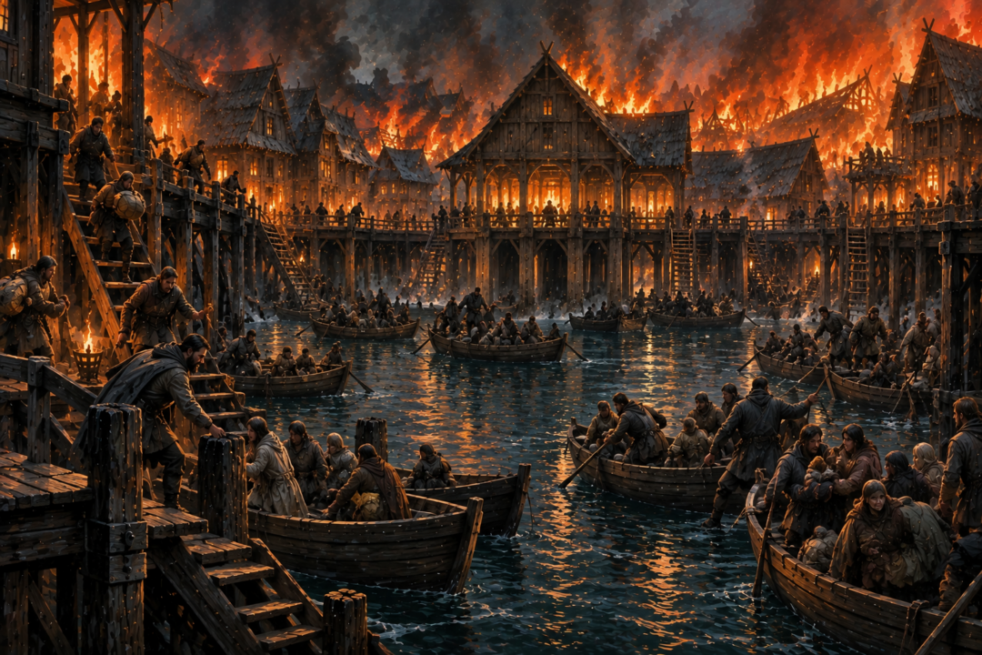 People escaping burning Lake-town by descending wooden quays and ladders into boats on the lake.