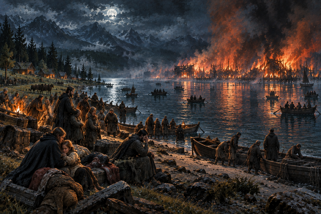 Survivors of Esgaroth gathered on the western shore with boats on the lake and the ruined town smoldering behind them.