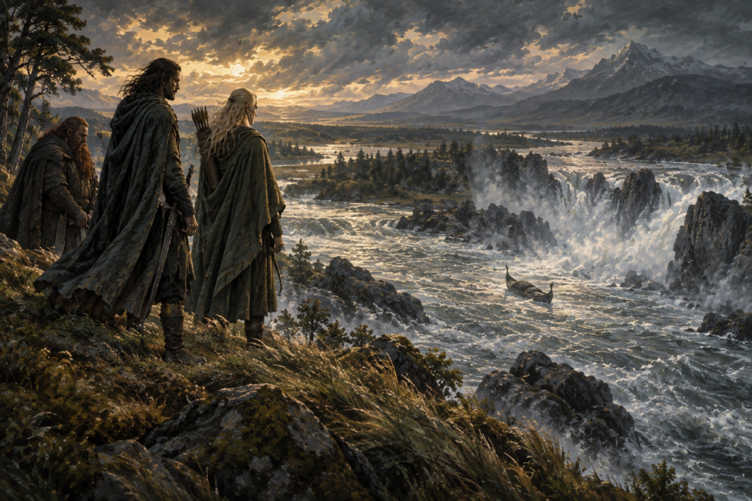 Aragorn and Legolas sing the lament for Boromir while Gimli watches his funeral boat disappear down the Anduin.
