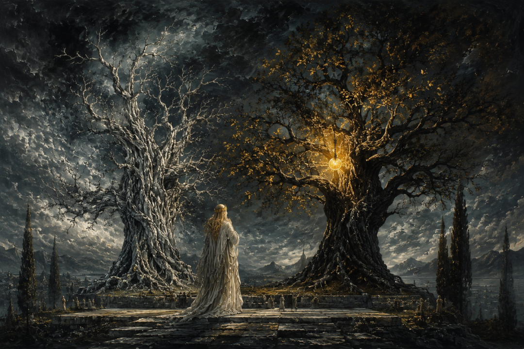 Dying Laurelin bearing its final glowing golden fruit after the destruction of the Two Trees