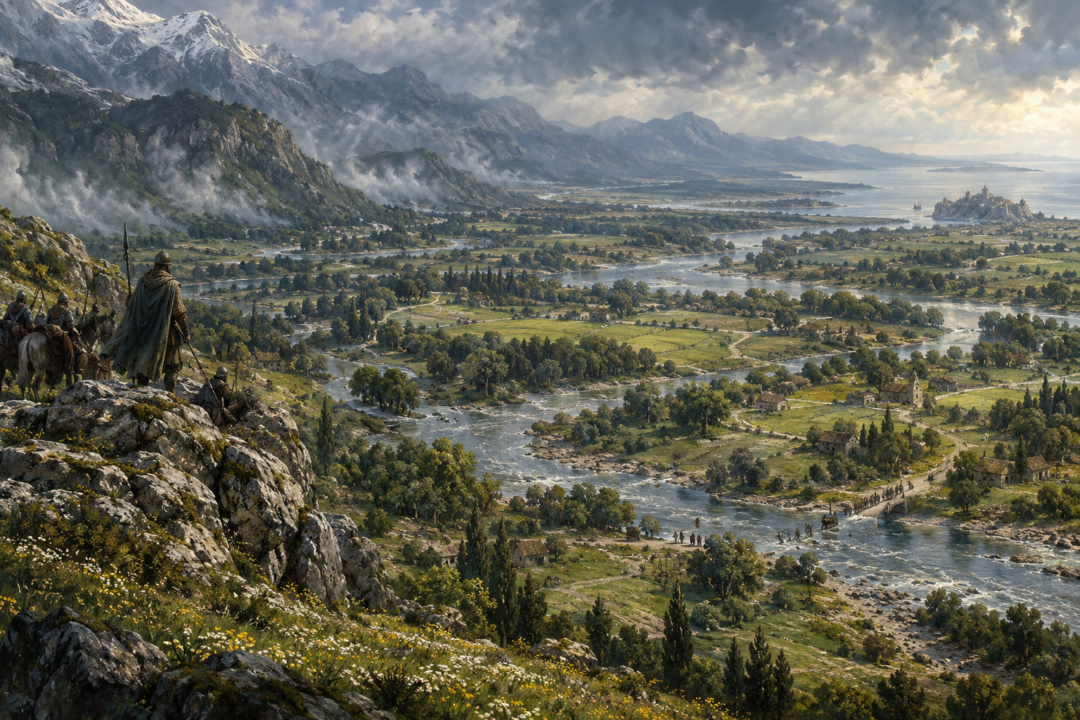 The five rivers of Lebennin winding through the green fields of southern Gondor beneath the White Mountains.