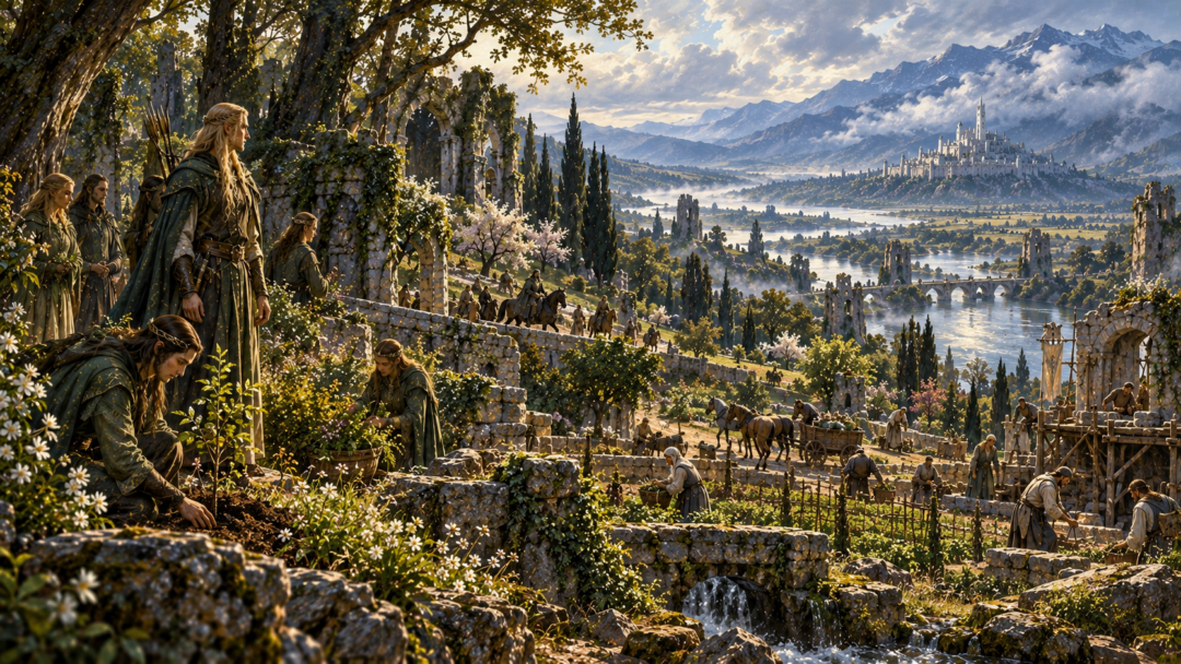 Legolas and Elves of Greenwood among the renewed woods and gardens of Ithilien as Gondorian settlers rebuild nearby.