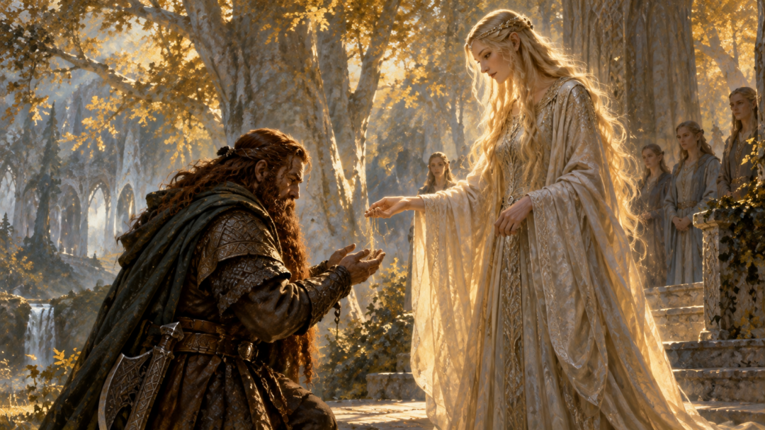 Legolas and Gimli beside a grey ship on the Anduin before the traditional account of their final voyage West