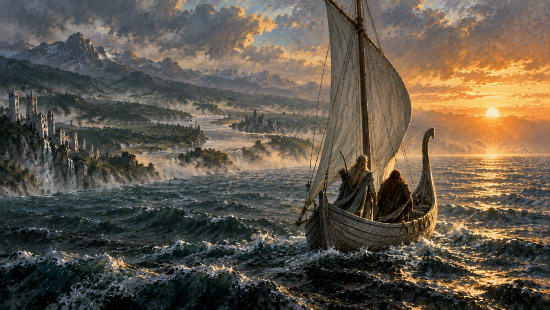 Legolas and Gimli aboard a grey ship sailing west as Middle-earth fades into the distance