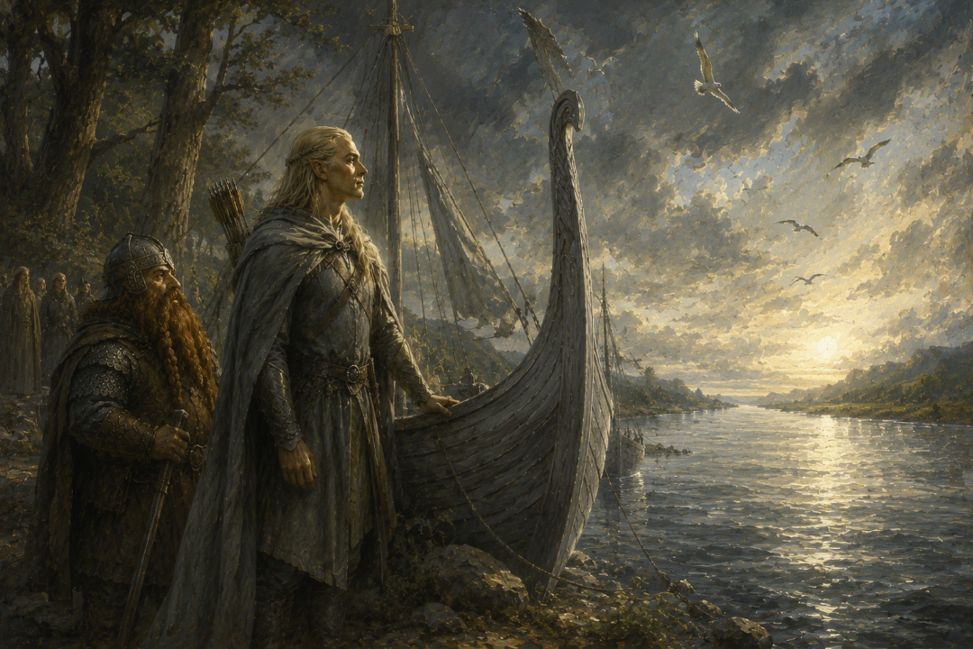Legolas and Gimli stand beside a grey ship on the Anduin before their final journey toward the Sea.