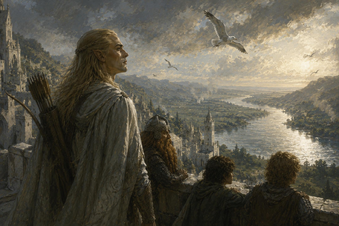 Legolas watches white gulls flying up the Anduin from Minas Tirith and remembers hearing them at Pelargir.