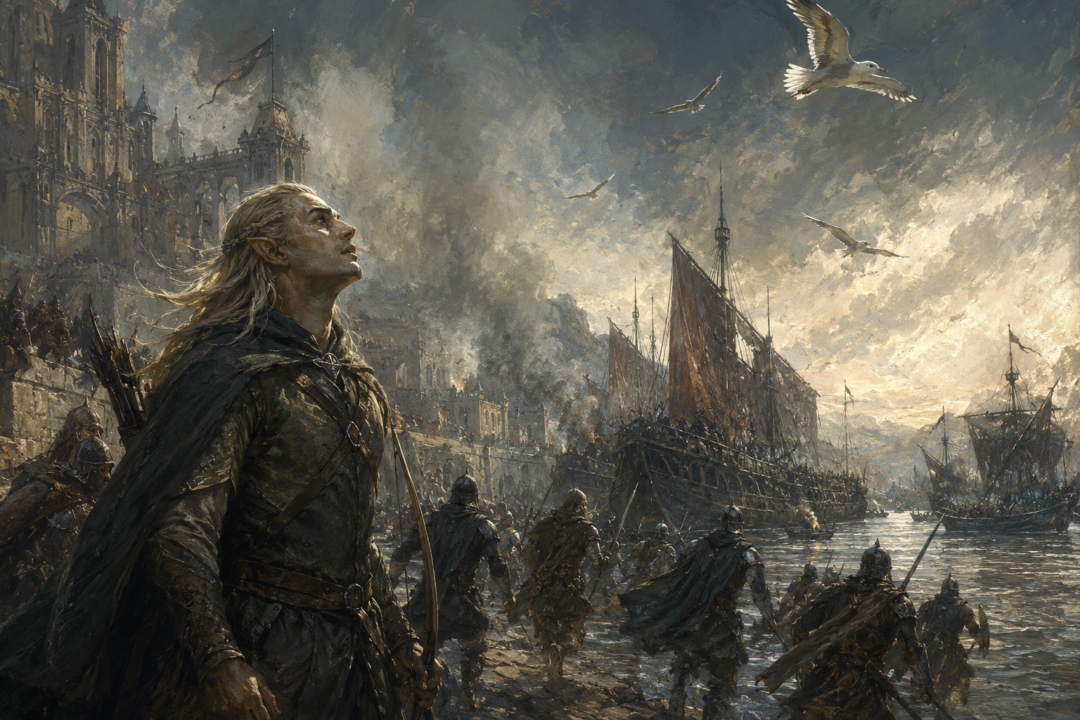 Legolas hears gulls above the Anduin at Pelargir as the sea-longing awakens during the battle for the Corsair ships.