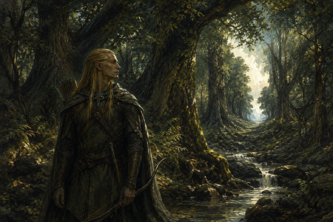 Legolas stands beneath ancient woodland trees before the dormant sea-longing in his heart has been awakened.