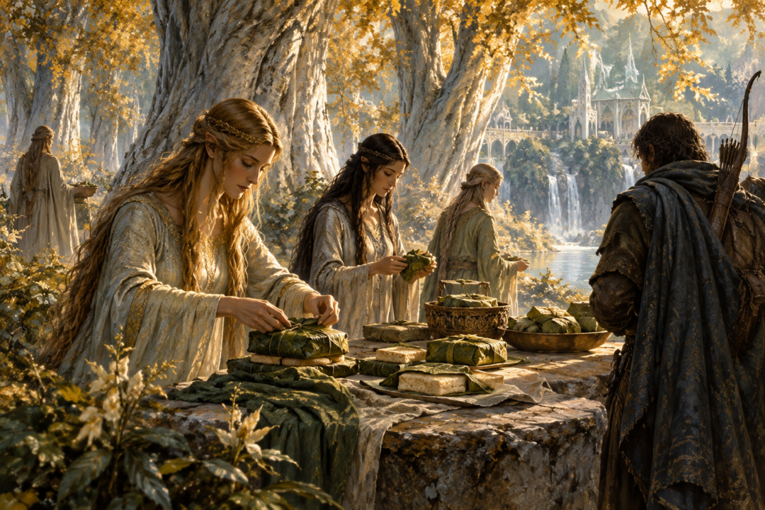 Elven women preparing and wrapping lembas beneath the golden mallorn trees of Lothlórien.