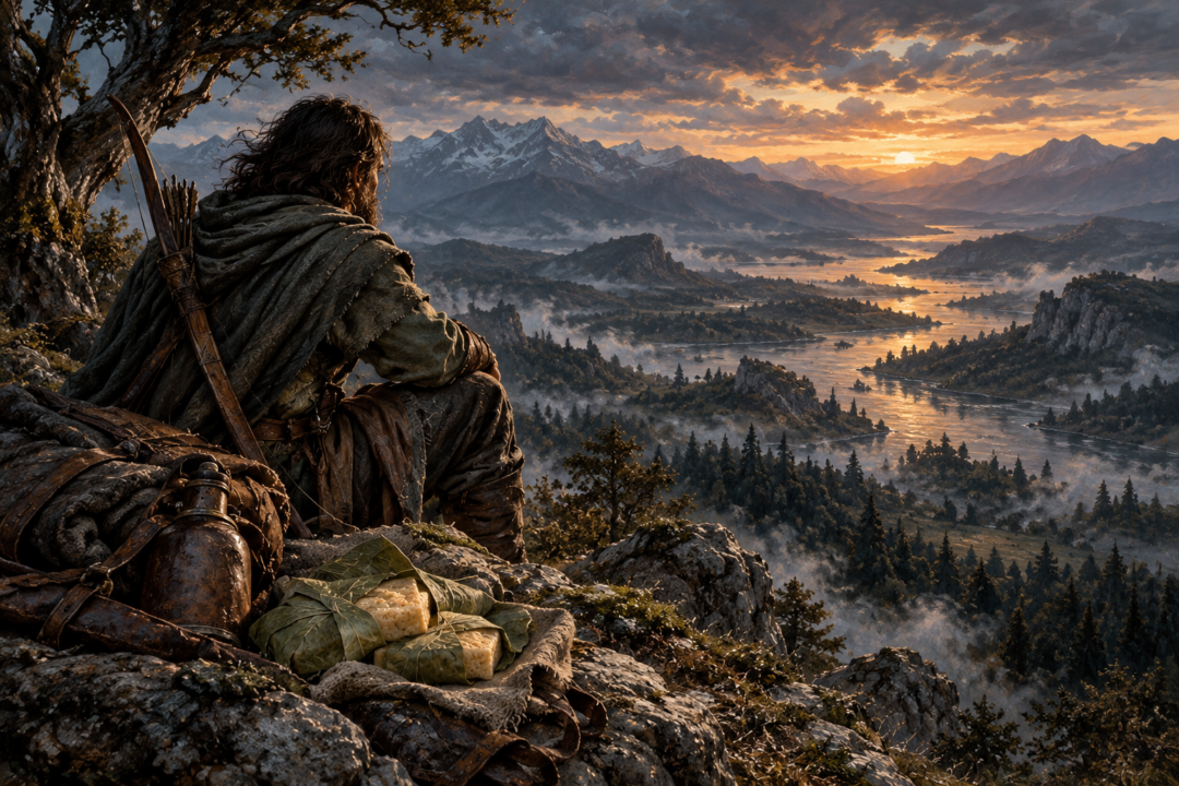 A lone Dúnadan scout resting in the wilderness with leaf-wrapped lembas and lightweight traveling gear.