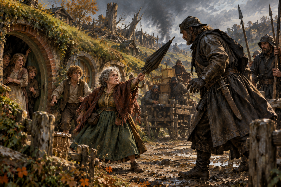 Frodo, Sam, Merry, Pippin, and other hobbits welcoming prisoners released from the Lockholes after the liberation of the Shire.