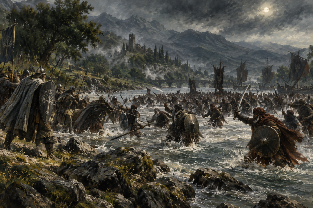 Men of Lamedon defending the fords of the Gilrain at Linhir against forces from Umbar and Harad.