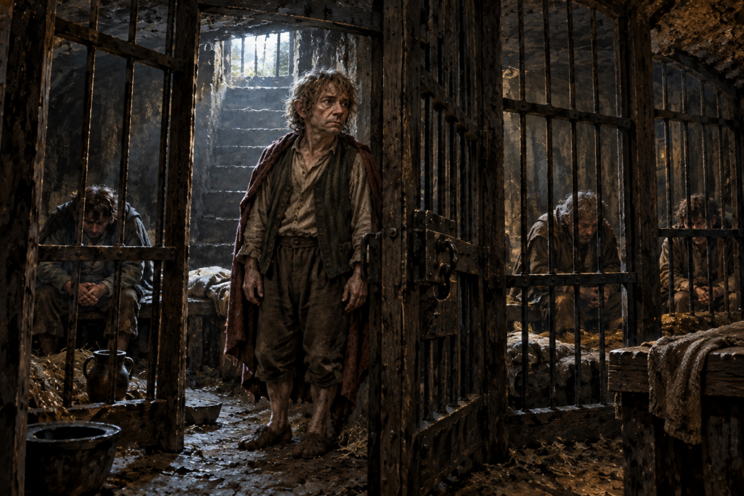 Lobelia Sackville-Baggins defiantly raising her umbrella against one of the Chief's Men before her imprisonment in the Lockholes.
