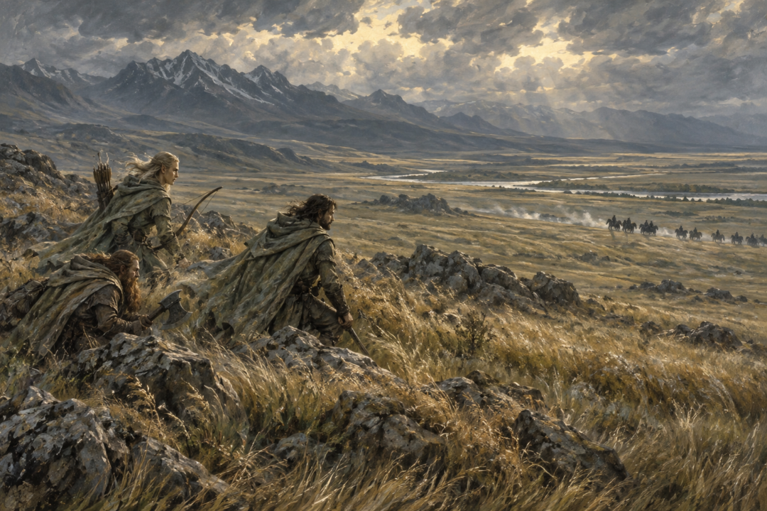 Aragorn, Legolas and Gimli blending into the grey-green plains of Rohan while wearing their Lórien cloaks.