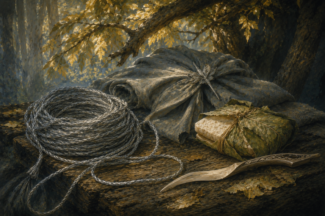 A symbolic contrast between Sam's grey Lórien rope and the One Ring showing two very different forms of power in Middle-earth