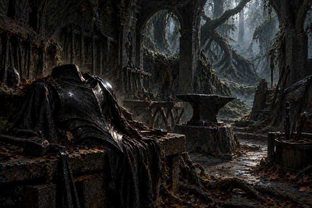 An abandoned smithy in Nan Elmoth with a solitary piece of black galvorn suggesting the loss of Eöl's unique craft