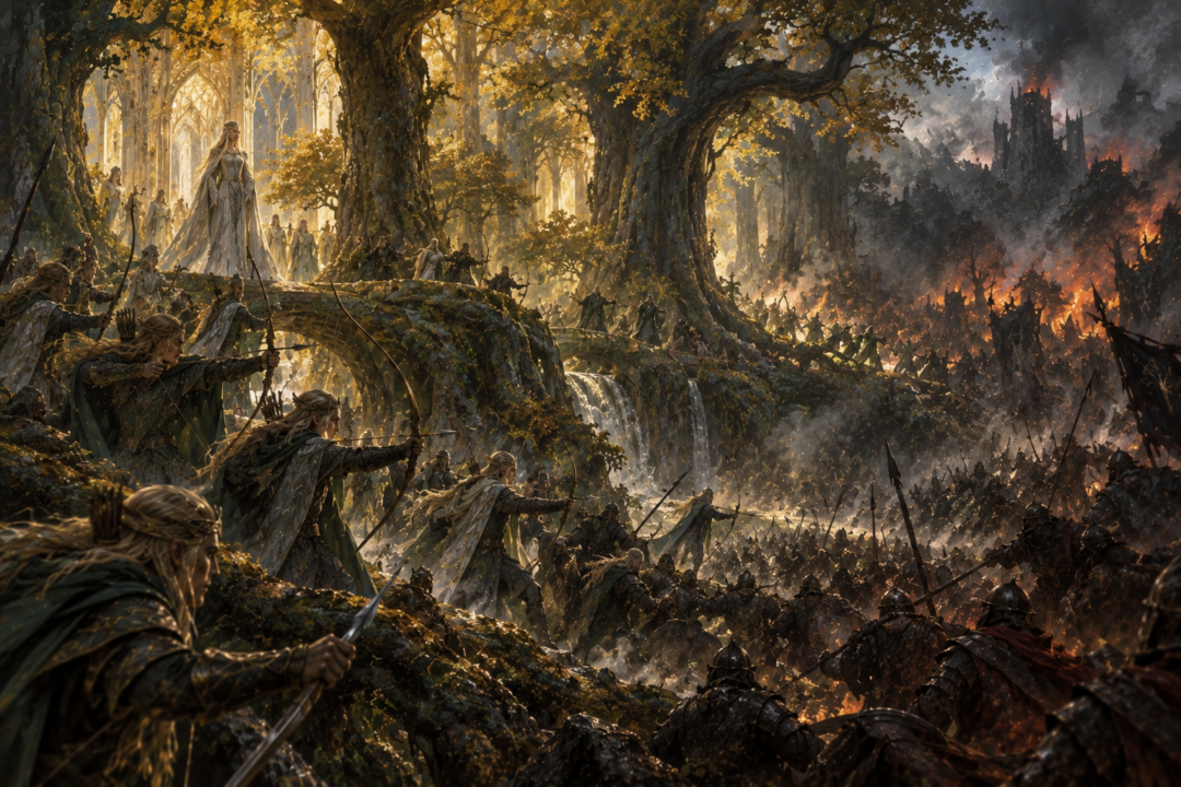 Galadhrim defending Lothlórien from an assault out of Dol Guldur while smoke rises along the woodland borders.
