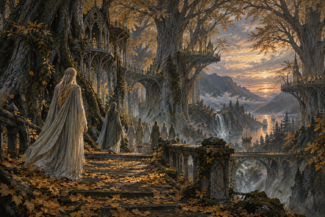 Empty paths and falling golden leaves in Lothlórien as the preserved Elven realm begins to fade after the One Ring is destroyed.