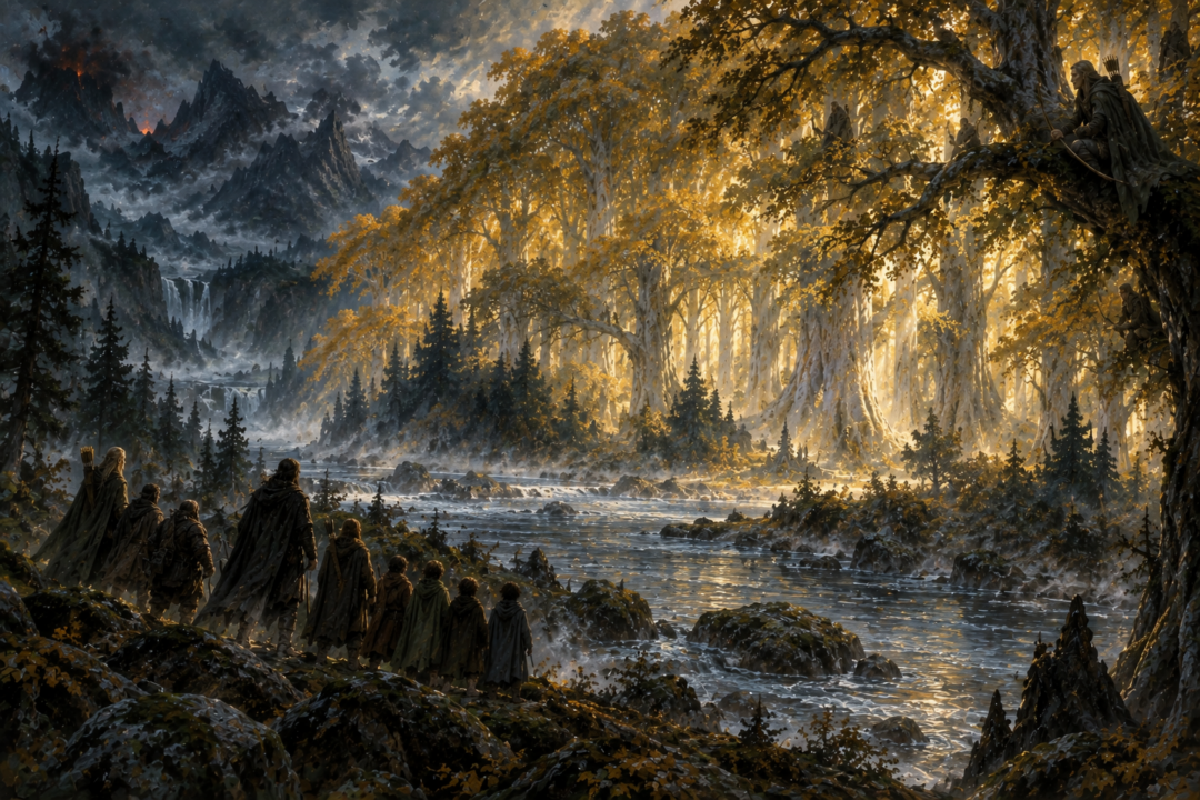 Lothlórien's unwalled but carefully guarded frontier stretches beyond the Silverlode as the Fellowship waits at the woodland edge.