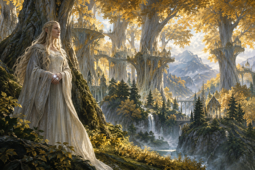 Galadriel wearing Nenya amid the golden mallorn trees of Lothlórien at the height of the realm's Third Age beauty.