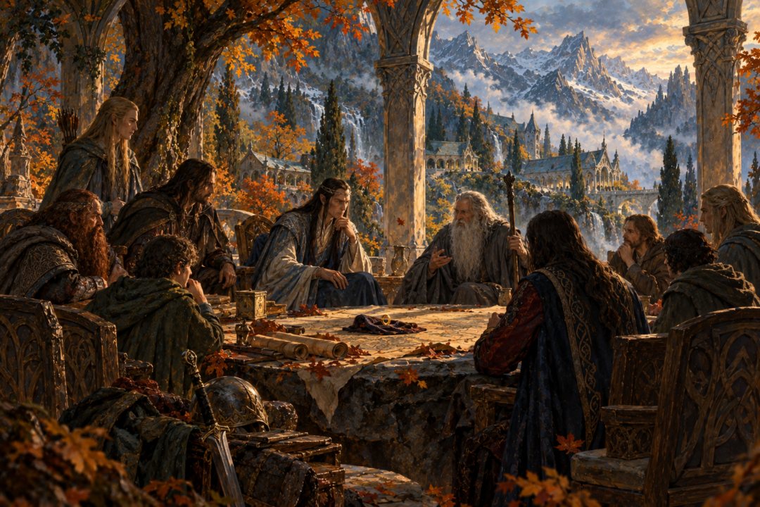 Frodo and Sam beneath the golden mallorn trees of Lothlórien experiencing the woodland's strange sense of passing time.