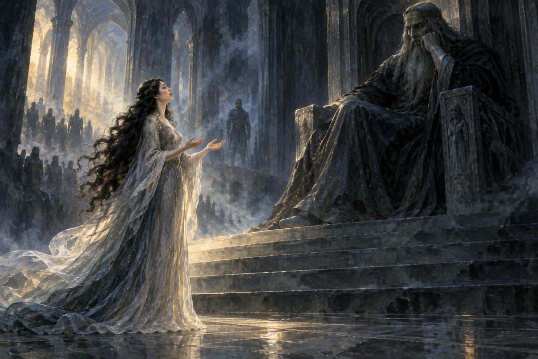 Lúthien choosing a mortal life with Beren instead of remaining apart from him according to the fate of the Elves.