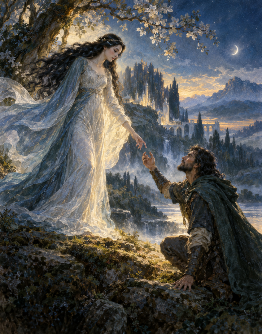 Lúthien singing before Mandos in the Halls of the Dead as Beren waits beyond the shadows.