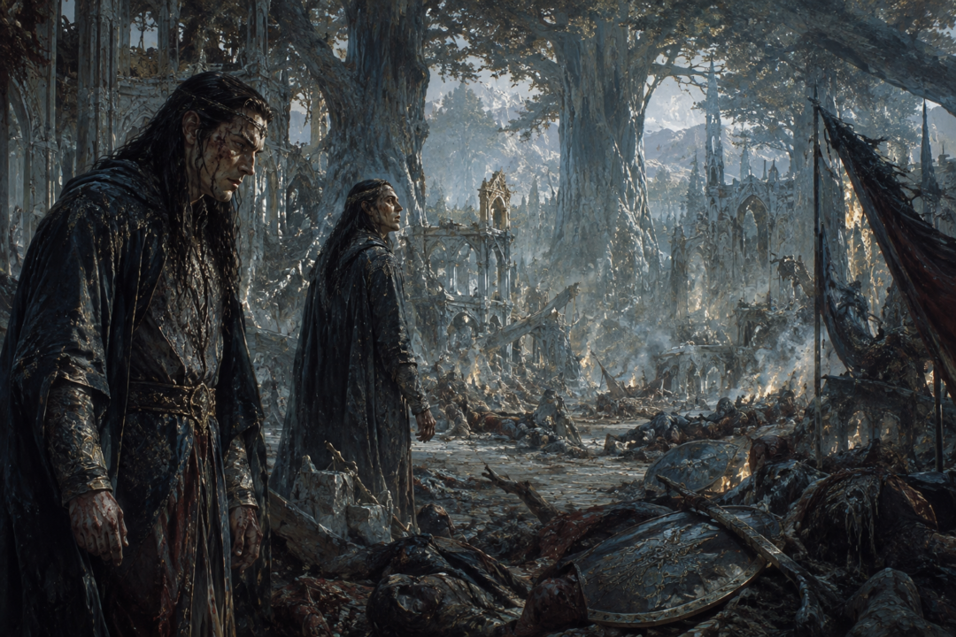 Maedhros and Maglor amid the ruined woodland realm of Doriath after the Second Kinslaying