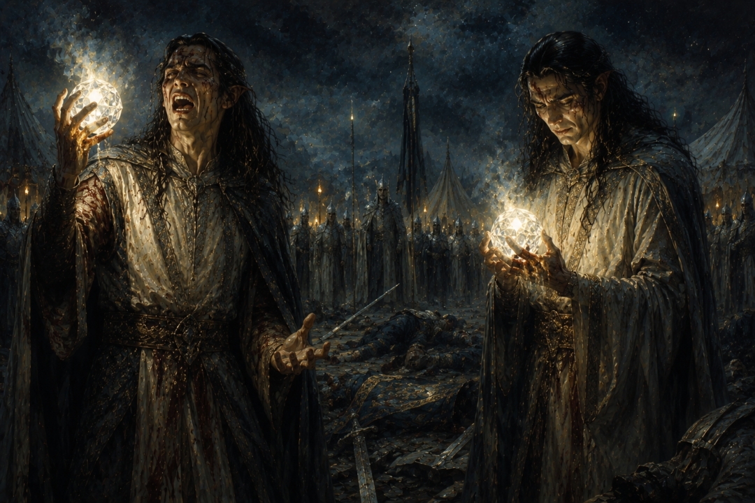 Maedhros and Maglor holding the recovered Silmarils as the hallowed jewels burn their hands